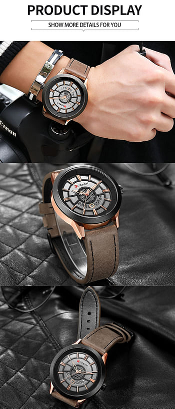ساعة كورين 8330 للرجال بتقويم كاجوال من الجلد، ساعة كوارتز تناظرية، بني/أسود