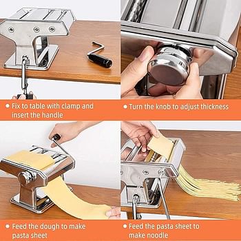Pasta Maker Machine, Homemade Stainless Steel Manual Roller Pasta Maker with Adjustable Thickness Settings Sturdy Noodles Cutter with Clamp for Spaghetti - Silver