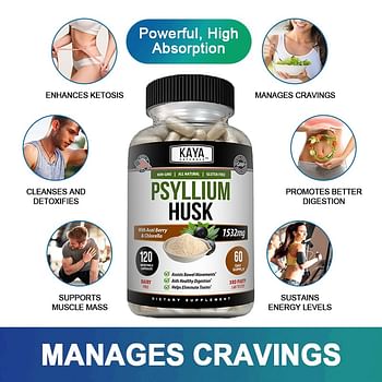Psyllium Husk - Dietary Supplement for Weight Loss and Detoxification | Support Better Digestive Health for Constipation and Cleans the Colon - 60 Capsules
