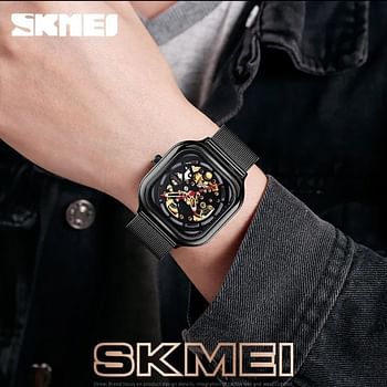 SKMEI 9184 Black Mesh Stainless Steel Automatic Mechanical Luxury  Watch For Men.