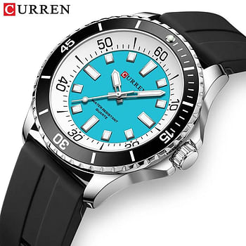 Curren 8448 Men's Quartz Watch Silicone Strap Fashion Sports Waterproof / Black and Cyan