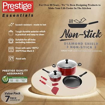 Prestige 7 Piece Non Stick Aluminium Cookware Sets | Casserole | Saucepan | Fry Pan- PR22353-Red