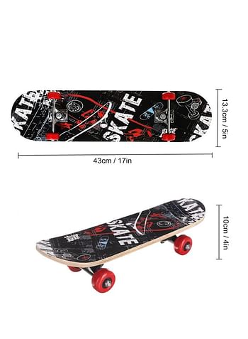 43 CM Wooden Skateboard for Kids 7 Layer Maple Wood Smooth Wheels Outdoor Sports Games Comes in Assorted Colors and Designs - Skate Black & Red