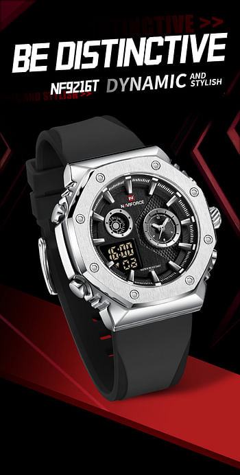 NAVIFORCE New Arrival 2023 NF9216T Casual Sport Men's Watch Digital Alarm Man Clock Durable Silicone Waterproof Luminous Men Quartz Wristwatches - S/B/Y
