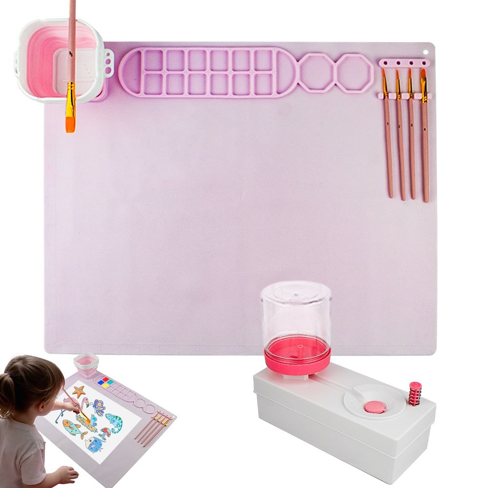 Silicone Painting Mat with Foldable Cup and Paintbrushes Pink