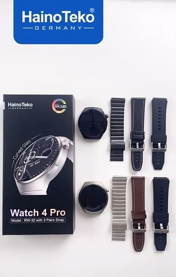 Haino teko RW-32 Watch 4 Pro CURVED Glass smartwatch Germany 2023 model with 3 pair straps-Black