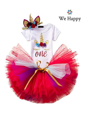 We Happy 4 Pieces 1st Birthday Baby Girl Costume Set, Newborn Princess ONE Printed Dress for Theme Party Photoshoot, Unicorn Bodysuit with Tutu Skirt, Cake Topper and Floral Headband - Red, 1 Year