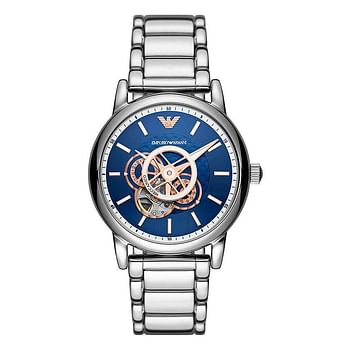 ساعة إمبوريو أرماني للرجال أوتوماتيكية فضية ستانلس ستيل بمينا أزرق 43 ملم AR60036