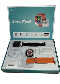 Generic P90 Unique Combination smartwatch with 3 straps Bluetooth earphone, External Battery and Adaptor charger Combo
