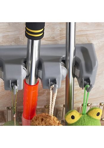 Mop and Broom Tools Holder 5 Position with 6 Hooks Wall Mounted Organizer Saving Space Storage Rack For Kitchen Garden Garage Laundry Offices