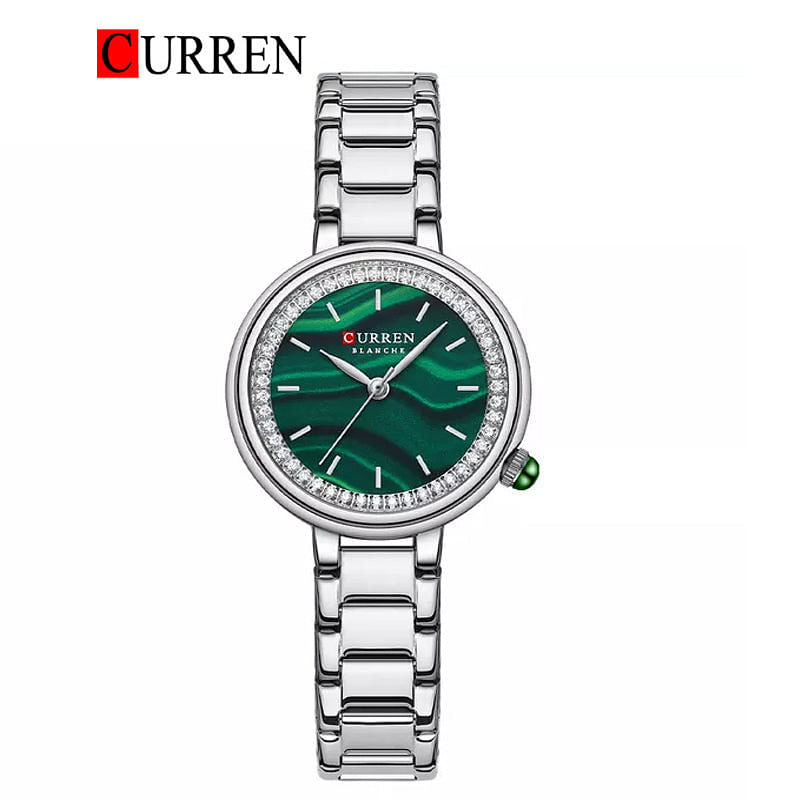 Curren 9089 Original Brand Stainless Steel Band Wrist Watch For Women / Silver Green Dial