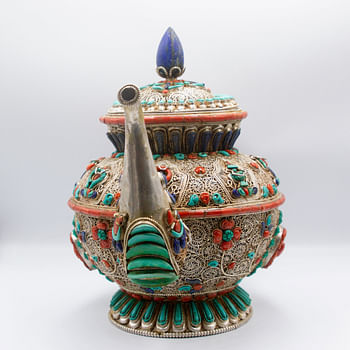 Masterpiece Nepal Pure Silver Filigree Turquoise Coral Stone Tea Pot Kettle Handmade in Nepal