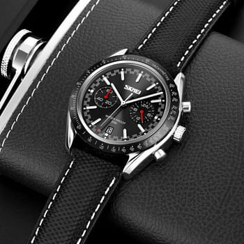 Skmei 9292 Mens Watches Quartz Movement Analog Reinforced Leather Strap 30M Waterproof Fashion Business Wrist Watch for Men Black