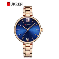 Curren 9017 Original Brand Stainless Steel Band Wrist Watch For Women / Rose Gold Blue DIal