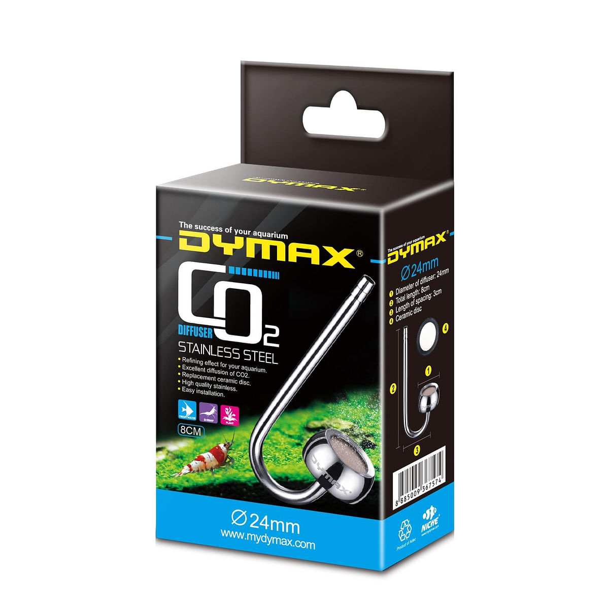 Dymax Stainless Steel Co2 Diffuser DIA. 24mm Length 8cm