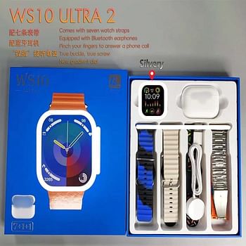 Smart Watch WS 10 Ultra 2 2.3 Inch Large Screen HD Display Smart Watch With High Bass Bluetooth Earphone 7 Pair Straps and Wireless Charger For Ladies and Gents