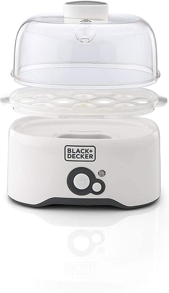 BLACK+DECKER 280W 6 Piece Egg Cooker With Cooking Rack And 2 Poaching Pan Dry Boil Auto Shutoff Protection Transparent Cover White Body, For Perfect Eggs EG200-B5