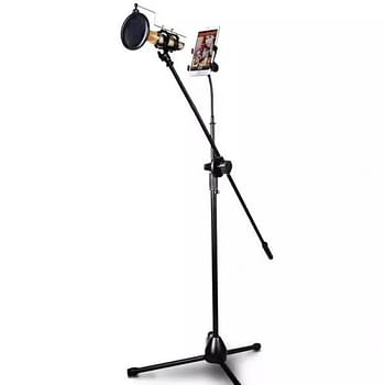 Metal Microphone Floor Stand with Boom Arm 360 Rotating Phone Holder