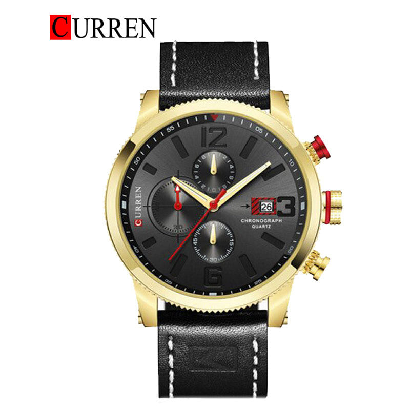 CURREN 8281 Original Brand Leather Straps Wrist Watch For Men - Black and Gold