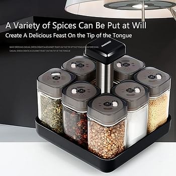 9 Jar Rotating Spice Rack Organizer Kitchen Jars For Spices Rotating Glass Cruet Seasoning Jar Set BBQ Pepper Salt Shakers Paprika Bottle Kitchen Storage