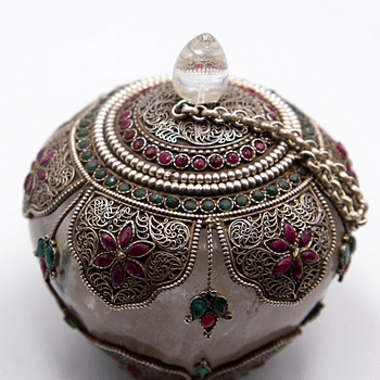 Antique Ornate Jewel-Encrusted Decorator Container Crystal Filgree Bowl with Lid Home Decoration Silver Plated Inlay with Crystal quartz, Emeralds and Rubies Gemstones Handcrafted in Nepal - Small piece