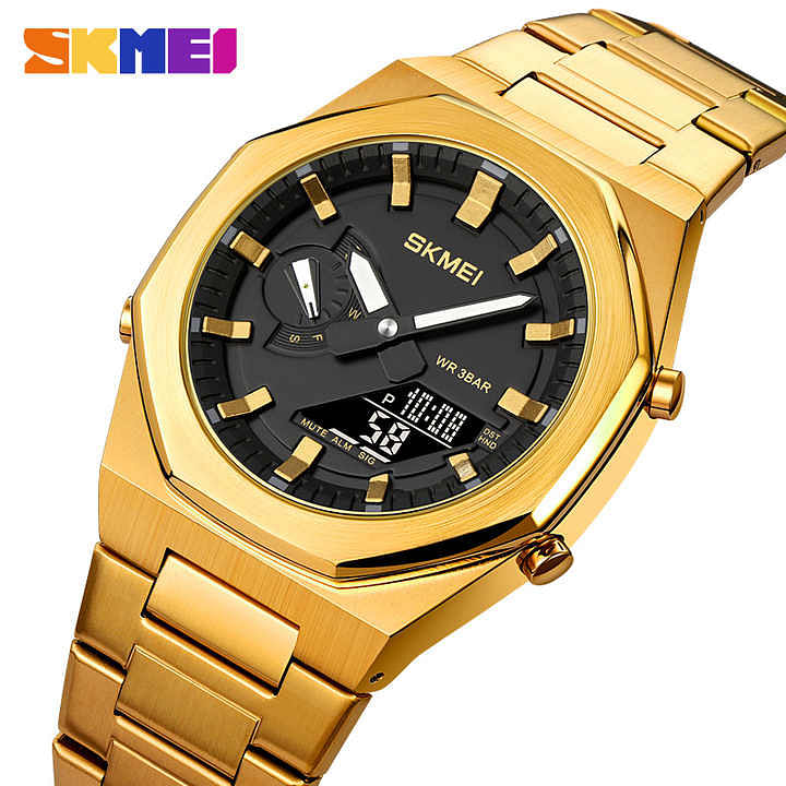 SKMEI 1816 Dual-Display Electronic Watch With Luminous Waterproof Steel Strap Fashion Business Wristwatches For Men 41.1mm - Gold