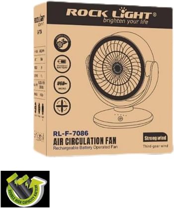 RL-F-7086 8" Air Circulation Fan with Rechargeable Battery, Operated Fan, 3600 MAH High-Capacity Battery, 180 Degree Rotation, Micro USB Charging