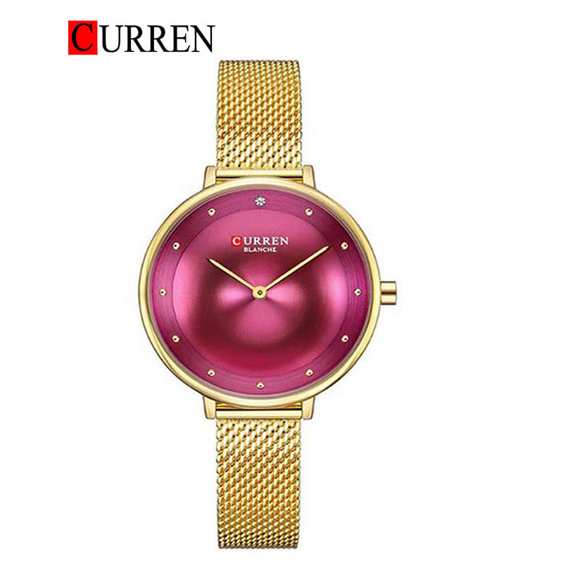 Curren 9029 Original Brand Mesh Band Wrist Watch For Women / Gold / Purple Dial