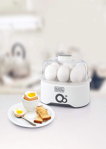 BLACK+DECKER 280W 6 Piece Egg Cooker With Cooking Rack And 2 Poaching Pan Dry Boil Auto Shutoff Protection Transparent Cover White Body, For Perfect Eggs EG200-B5