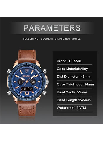 Diessol Multi Time Display Casual Sport Quartz Week Calendar Luminous Chronograph Wristwatch