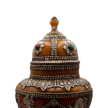 Antique Amber Pot with Silver Carving, Rubies Gemstone and Turquoise Crystal Handcrafted in Nepal