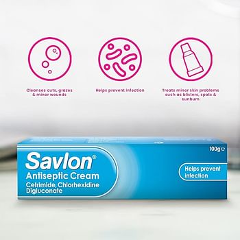 Savlon Antiseptic Cream, Cleanses & Helps Prevent Infection, First Aid for Minor Cuts and Wounds, Spots, Blackheads, Nappy Rash, Sunburn, Sores & Blisters 100g, 1 pack