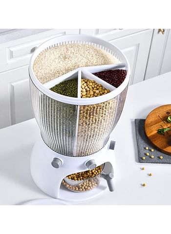 Food/Rice Dispenser, 4 Grids Rotating Grain Storage Container with Drain Bowl and Lid, Used to Store Grains and Dry Food, for Home and Kitchen - White