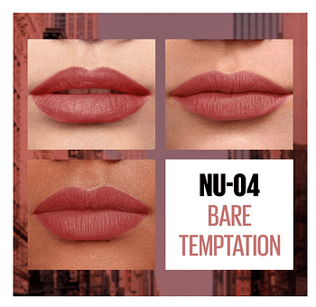 Maybelline New York Lipstick, Matte Finish, Non-Sticky and Non-Drying, Sensational Liquid Matte, NU04 Bare Temptation