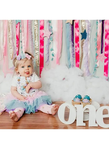 We Happy 4 Pieces 1st Birthday Baby Girl Costume Set, Newborn Princess ONE Printed Dress for Theme Party Photoshoot, Unicorn Bodysuit with Tutu Skirt, Cake Topper and Floral Headband - Purple, 1 Year