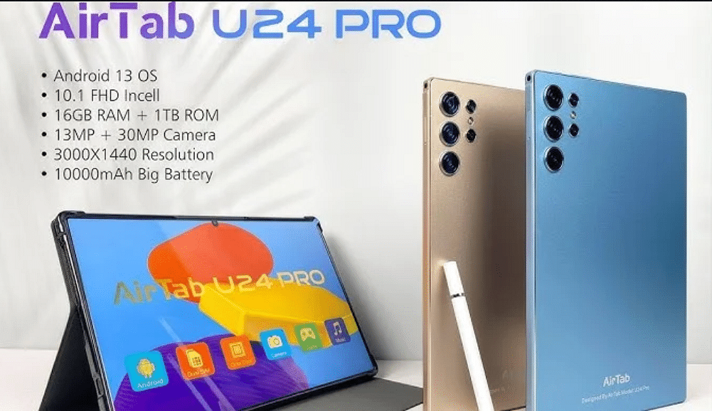 Air Tab U24 PRO • Android 13 OS • 10.1 FHD Incell • 16GB RAM + 1TB ROM • 13MP + 30MP Camera • 3000X1440 Resolution • 10000mAh Big Battery-Gold