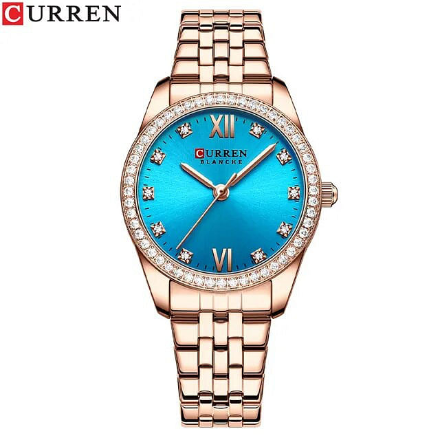 Curren 9086 Original Brand Stainless Steel Band Wrist Watch For Women / Rose Gold Turquoise Dial