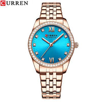 Curren 9086 Original Brand Stainless Steel Band Wrist Watch For Women / Rose Gold Turquoise Dial