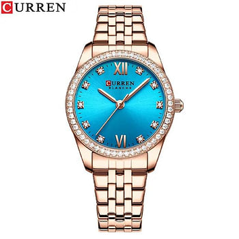 Curren 9086 Original Brand Stainless Steel Band Wrist Watch For Women / Rose Gold Turquoise Dial