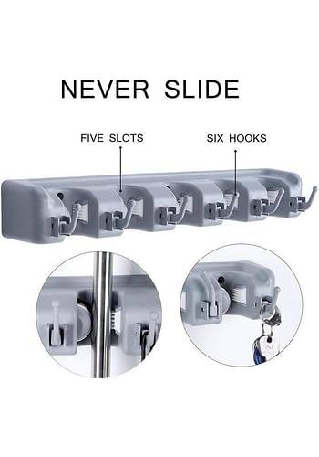 Mop and Broom Tools Holder 5 Position with 6 Hooks Wall Mounted Organizer Saving Space Storage Rack For Kitchen Garden Garage Laundry Offices