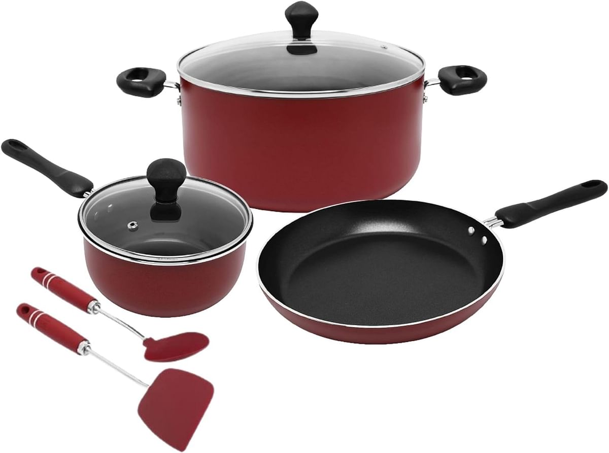 Prestige 7 Piece Non Stick Aluminium Cookware Sets | Casserole | Saucepan | Fry Pan- PR22353-Red