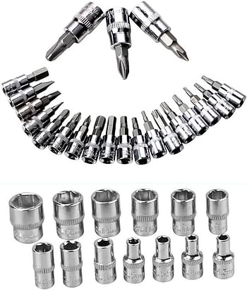 46 Pcs 1/4 Inch Drive Socket Ratchet Wrench Set with Storage Case, Includes Metric Bit Socket Set and Extension Bar for Auto Repair and Home Maintenance