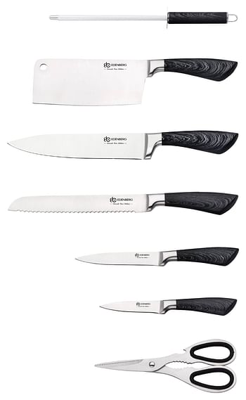 طقم سكاكين مطبخ 8 قطع من EDENBERG | حامل طقم سكاكين | طقم سكاكين مطبخ من الفولاذ الكربوني المقاوم للصدأ مع مبراة - 8 قطع ، لون فضي وأسود