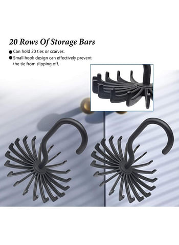Pack of 2 Tie Holder Belt Hanger with Rotating 20 Hooks Durable Scarf and Accessories Organizer Black
