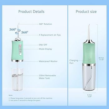 Portable Dental Water Floser, Professional Oral Irrigator 220ml with 3 Modes and 4 Replacement Nozzles with 360° Rotation, IPX7 Waterproof, USB Rechargeable for Travel, Home