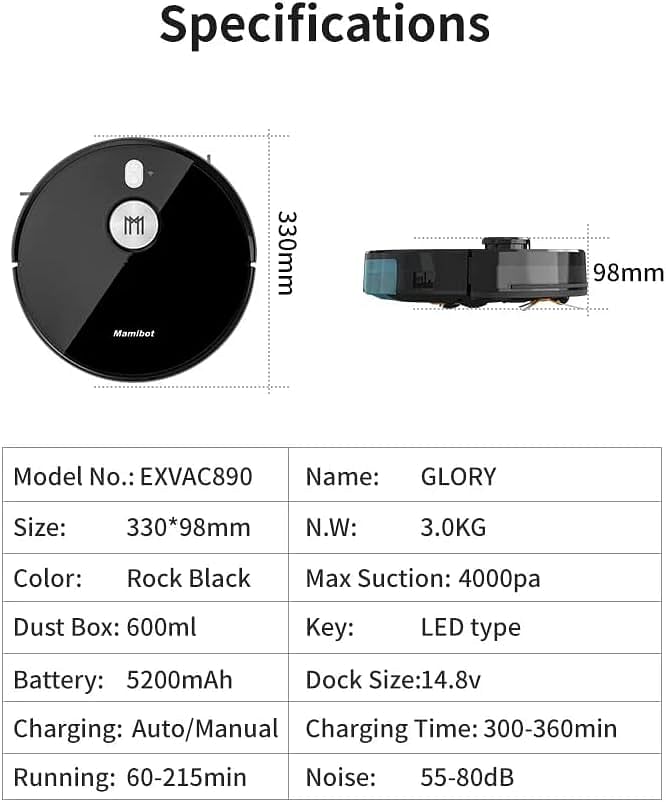 Mamibot EXVAC890 Glory 4th Generation LDS Slam Robot Vacuum Cleaner with Self-emptying Dust Box and Dust Collector with Max 4000pa Vacuuming Power - Black