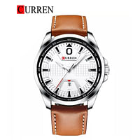 CURREN 8379 Water-resistant Round Men's Leather Strap Quartz Watch- Brown & White