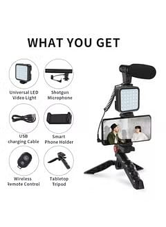 Smartphone Vlogging Tripod Kit With Fill Light, Microphone, And Phone Clip For YouTube/Tiktok/Instagram/Fitness Yoga Black.