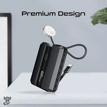 Promate Universal 10000mAh Ultra-Compact Portable Power Pack with Built-In 30W USB-C Cable, USB-C Power Delivery Port, Apple Watch Charger, LED Display and Charge Protection, Neo-10 Black