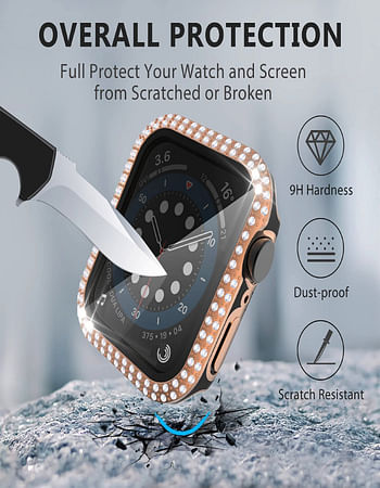 Caviar Compatible For Watch Series 7 6 5 4 44mm Two Tone Color Double Row Glitter Rhinestone Bling Crystal Diamonds Anti Shock Protective Cover With HD Tempered Glass Build in Screen Black / Rose Gold